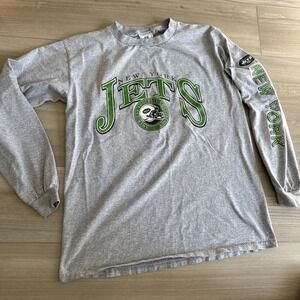 Vintage New York Jets NFL Long Sleeve Shirt Gray Logo Spell Out Mens Size Medium